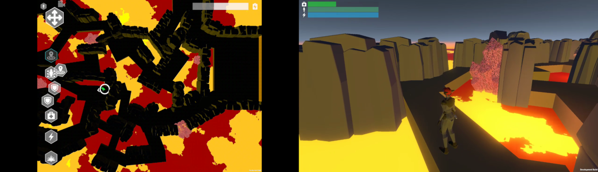 Kirk and Scotty navigate a lava maze with asymmetric abilities/perspectives.