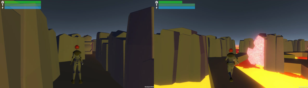 Twin 'Super Kirks' navigate the same lava maze with symmetric abilities/perspectives.