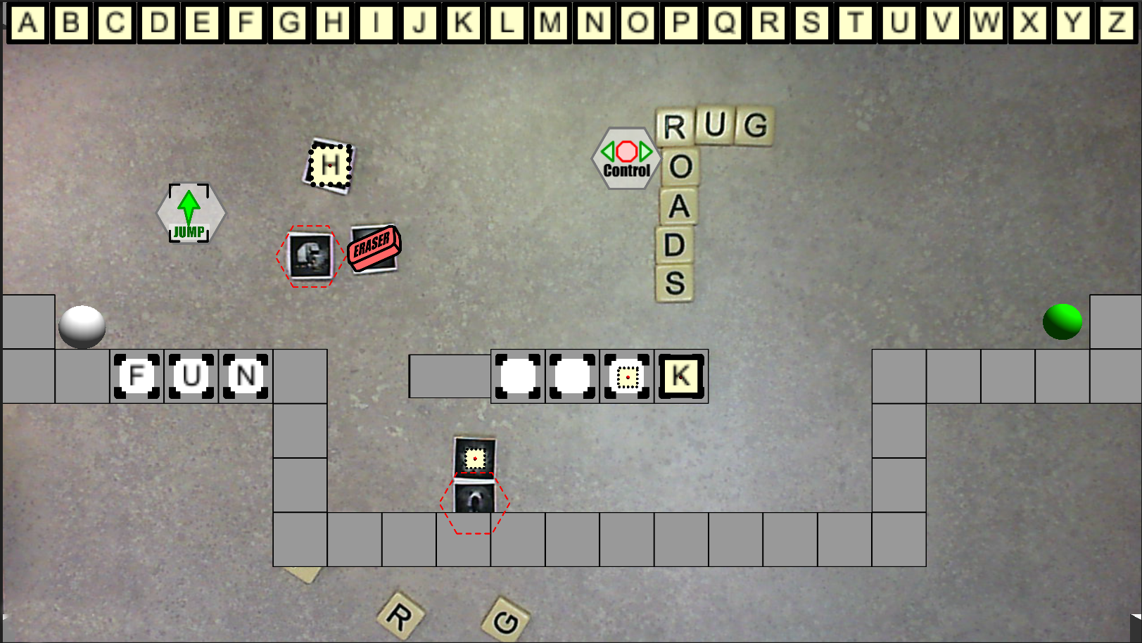 Lemmingrams screenshot showing the virtual game world interacting with physical letter tiles